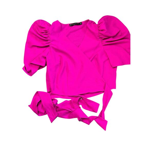 FTF Fashion to Figure Pink Puff Sleeve Wrap Crop Top Size‎ 1 NWT Bold Feminine - Picture 1 of 7
